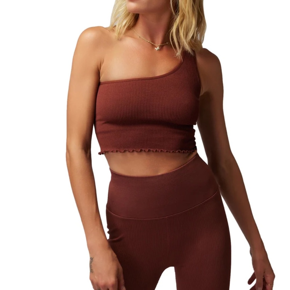 Spiritual Gangster One-Shoulder Rust Ribbed Crop Top and Leggings Set XS/S